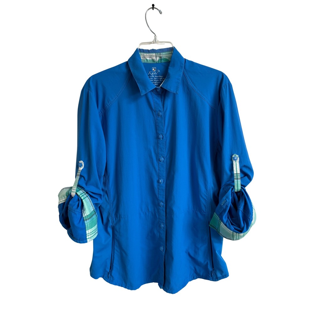 Kuhl Womens Blue Roll Tab Sleeve Button Down Hiking Shirt Plaid Trim Size Medium